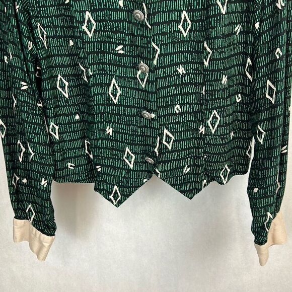 Vtg Banjo Button Down Shirt Sz Medium 90s Long Sleeve Green Black Cream Print - Picture 4 of 10